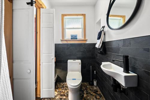 a bathroom with a toilet and a sink and a mirror at Green Acres Retreat in Hancock
