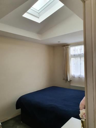 a bedroom with a blue bed and a skylight at Animal friendly Sea 2 mins away in Trusthorpe