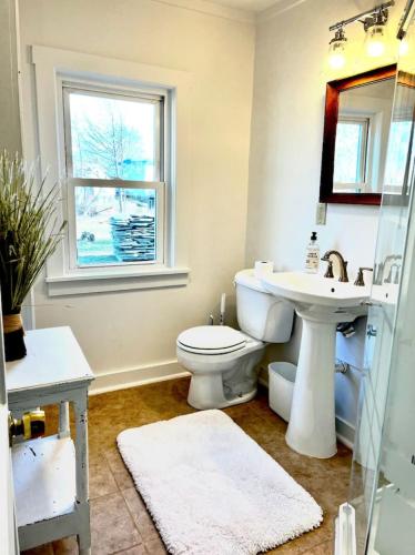 a bathroom with a toilet and a sink and a window at Cozy Capen Cottage in Eastport