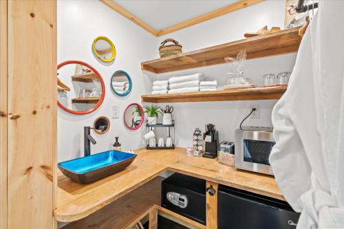 a kitchen with a blue sink in a tiny house at Green Acres Retreat in Hancock