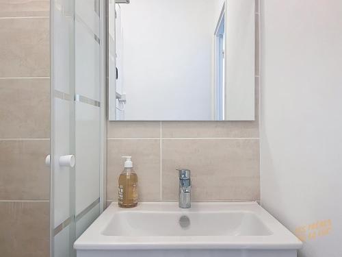 - un lavabo avec miroir et une bouteille de savon dans l'établissement Studio Cozy - Gare Saint Charles - Les Frères de la Loc', à Marseille