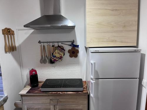 a kitchen with a stove and a refrigerator at La Baita dei Sibillini in Ceretana