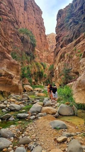 two people walking through a river in a canyon at Dana bedouin Sky in Dana