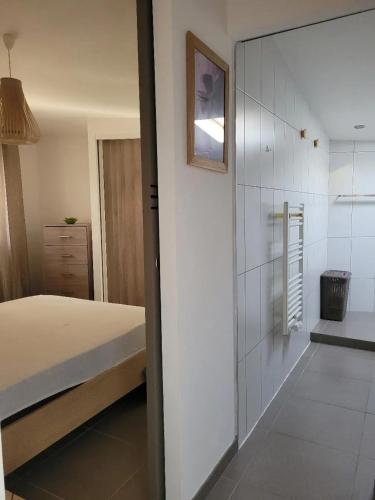 - une chambre avec un lit et un mur avec un miroir dans l'établissement Maison charmante avec vue sur la montagne à Prunelli di Fiumorbo, à Prunelli-di-Fiumorbo