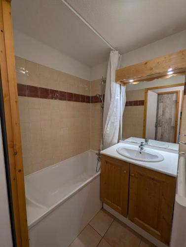 une salle de bain avec une baignoire et un lavabo dans l'établissement Le balcon des Ecrins, à Orcières
