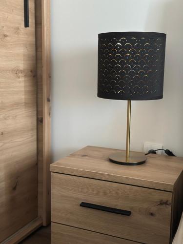 a lamp sitting on top of a wooden dresser at Lilyy lux in Leskovac