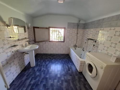 une salle de bain avec un lavabo et une machine à laver dans l'établissement les campanules, à Saint-Aygulf