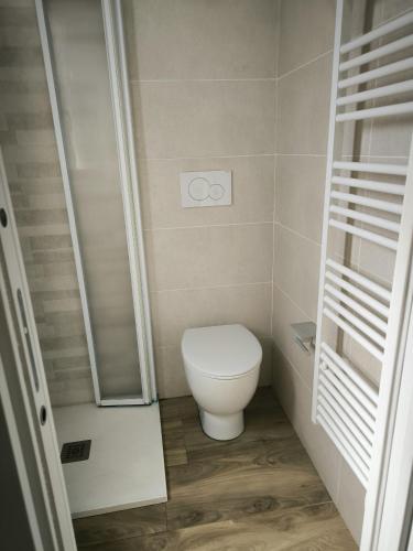 a small bathroom with a toilet and a shower at La Mimosa Chic in Pietrasanta