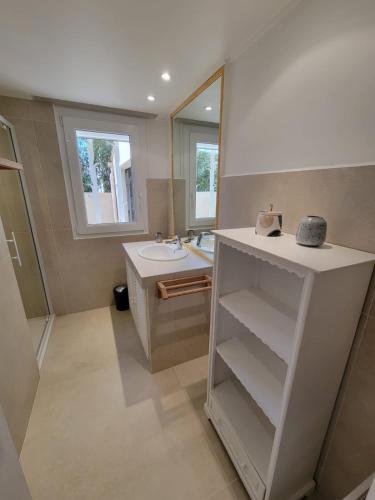 une salle de bain avec un lavabo et un miroir dans l'établissement FACE à la Mer, Superbe appartement climatisé au RDC d'une maison, classé 4 étoiles, 5 couchages -WIFI-PORTIRAGNES PLAGE LXBFM32, à Portiragnes