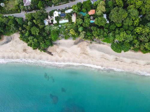 an aerial view of the beach and ocean at Le Cameleon Hotel in Puerto Viejo