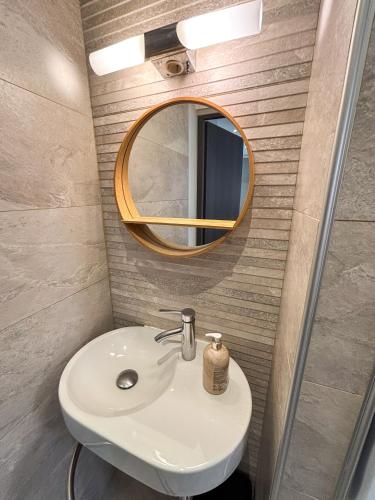 a bathroom with a sink and a mirror at Le Pavillon des Remparts - Commerces à proximité - Centre-ville - Appartement Cosy in Obernai