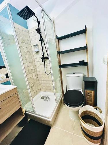 une salle de bain avec une douche, des toilettes et un lavabo dans l'établissement Studio cosy et climatisé au coeur du village, à Valbonne