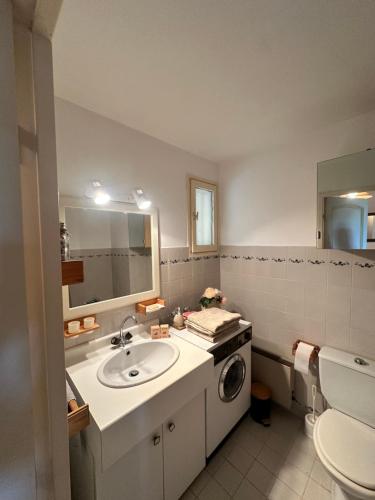 une salle de bain avec un lavabo et une machine à laver dans l'établissement Cozy studio for 3 people, à Saint-Raphaël