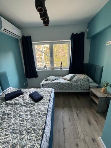 a bedroom with two beds and a window at Blue Apartment B Dębina - prywatny taras na dachu , 400 m od morza, in Debina