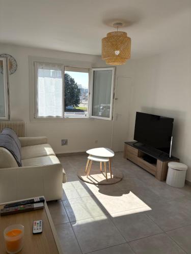 un salon avec un canapé et une télévision dans l'établissement Cozy studio parking privé meyzieu centre, à Meyzieu