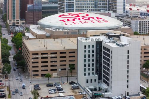 an aerial view of a downtown city with a fox center at Tru By Hilton Houston Downtown Convention Center in Houston