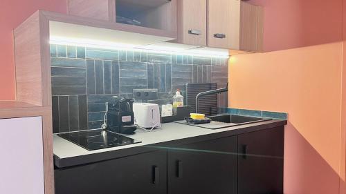 une cuisine avec un évier et un plan de travail dans l'établissement Le Petit Niçois, à Nice