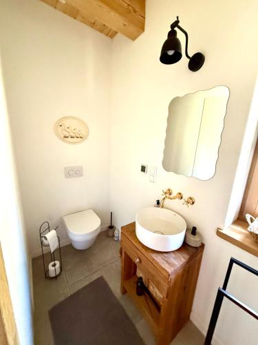 a bathroom with a sink and a toilet at Strużka Kaszuby - Leśniczówka w sercu Borów Tucholskich in Małe Swornegacie