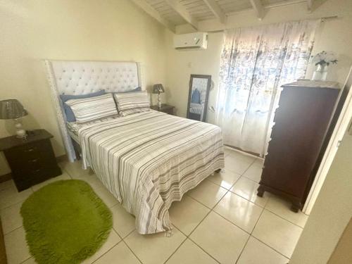 a bedroom with a large bed and a green rug at Spring Top Cottage in Falmouth