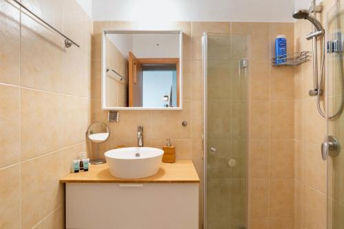 特拉维夫Lovely 1BR Apt Florentin Center-Elevator-Balcony的带水槽和淋浴的浴室