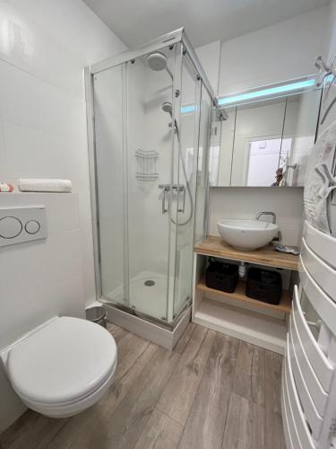 une salle de bain avec une douche, des toilettes et un lavabo dans l'établissement Le Mirabeau - Deauville, à Deauville