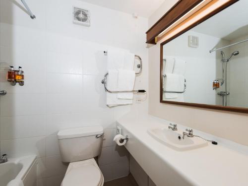 La salle de bains est pourvue de toilettes, d'un lavabo et d'un miroir. dans l'établissement Peartree Lodge Waterside, à Milton Keynes