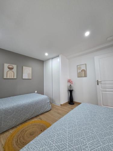 une chambre avec deux lits dans une pièce dans l'établissement ANNECY, bel appartement très cosy avec 2 chambres et une grande terrasse, à Annecy