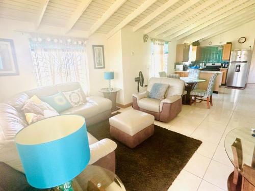 Spring Top Cottage في فالماوث: غرفة معيشة بها أريكة وطاولة