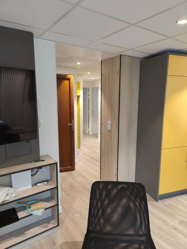 un salon avec une chaise et une télévision dans l'établissement Appartement Moderne au Cœur de Chambéry, à Chambéry