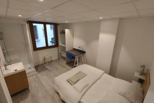 une chambre avec un lit et un lavabo dans l'établissement Appartement Moderne au Cœur de Chambéry, à Chambéry