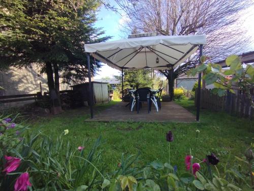 a picnic table under an umbrella in a yard at Gîte familial "La montagne des vaches" in Saint-Antoine