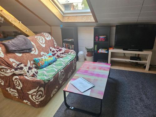 a living room with a couch and a coffee table at GästeZimmer im Altbau Dachgeschoss mit kleinem Bad WLAN, TV und Parkplatz in Lachen