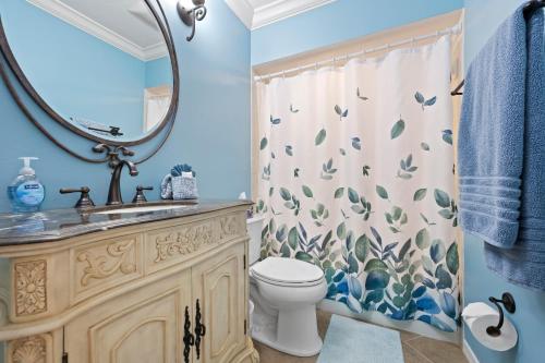 a bathroom with a toilet and a sink and a mirror at Whispering Palms! Private canal side dock and pool with spa! in Bradenton