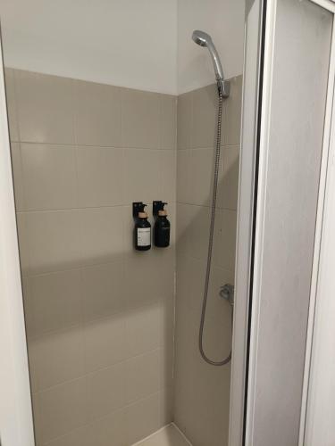 La salle de bains est pourvue d'une douche et de 2 bouteilles de savon. dans l'établissement Le petit coin périgourdin, à Bergerac