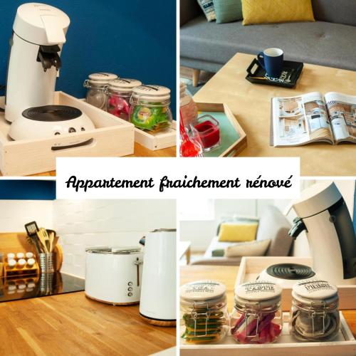 un collage de photos d'une cuisine avec un mixeur et des bocaux dans l'établissement Les Douces Breizh - Jules Ferry - Proximité Gare SNCF, à Saint-Brieuc