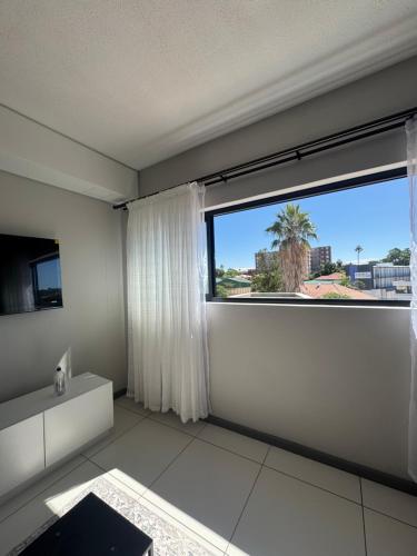 a room with a large window with a palm tree at Haven at Merensky in Windhoek