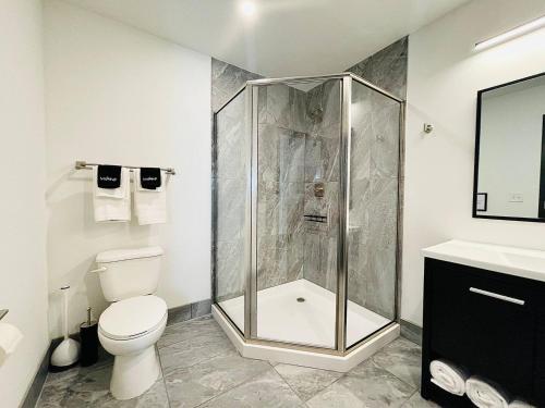 a bathroom with a shower and a toilet and a sink at The 419 Ten-room Boutique In Sandusky in Sandusky