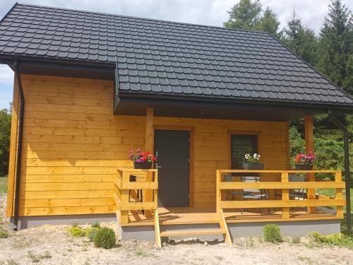 a log cabin with a porch and a black roof at Noclegi u Nikoli in Wola Wereszczyńska