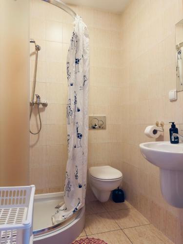 a bathroom with a toilet and a shower curtain at Pokoje gościnne Becia in Łeba