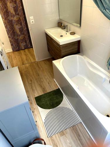 La salle de bains est pourvue d'une grande baignoire et d'un lavabo. dans l'établissement Charming Flat in Nice Villa, à Nice