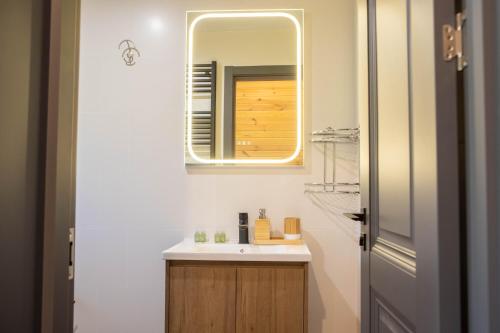 a bathroom with a sink and a mirror at Cabana VeMont in Petru Vodă