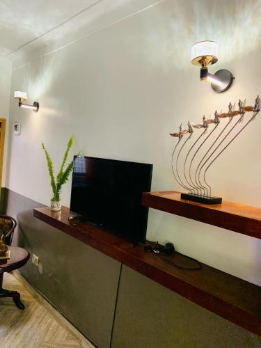 a living room with a television and a shelf with birds on it at Pleasant Places in Kabubu