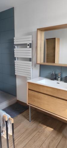 une cuisine avec un évier et des armoires en bois dans l'établissement Rêve Bleu, à Hautvillers-Ouville