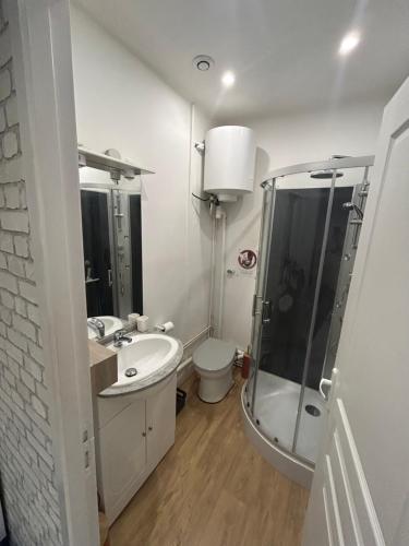 une salle de bain avec une douche, un lavabo et des toilettes dans l'établissement Studio Miscanthus Vauban, à Lorient