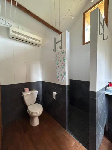 une salle de bain avec toilettes et douche dans l'établissement La Petite Maison, à La Celle-sous-Gouzon