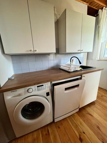 a kitchen with a washing machine and a sink at A&R Kaszuby Natura Dom Wypoczynek in Gowidlino