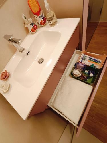 a white bathroom sink with a shelf underneath it at Casa Il Ghiro in Monterone