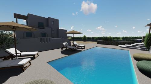 a rendering of a swimming pool with chairs and umbrellas at Diamantis Kitesurf Villa in Mikri Vigla