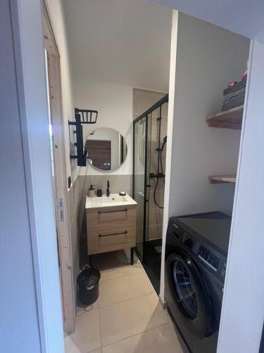 une salle de bain avec un lavabo et une machine à laver dans l'établissement Maison Ver Luisant, à Lège-Cap-Ferret