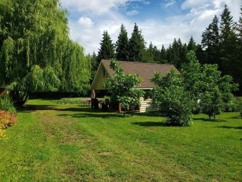 a small house in a grassy yard with a tree at Cozy Cabin, 2 min to the HWY1 in Tappen